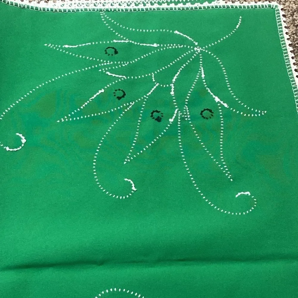 Vintage Handmade Green Decorative Tablecloth with White Embroidery